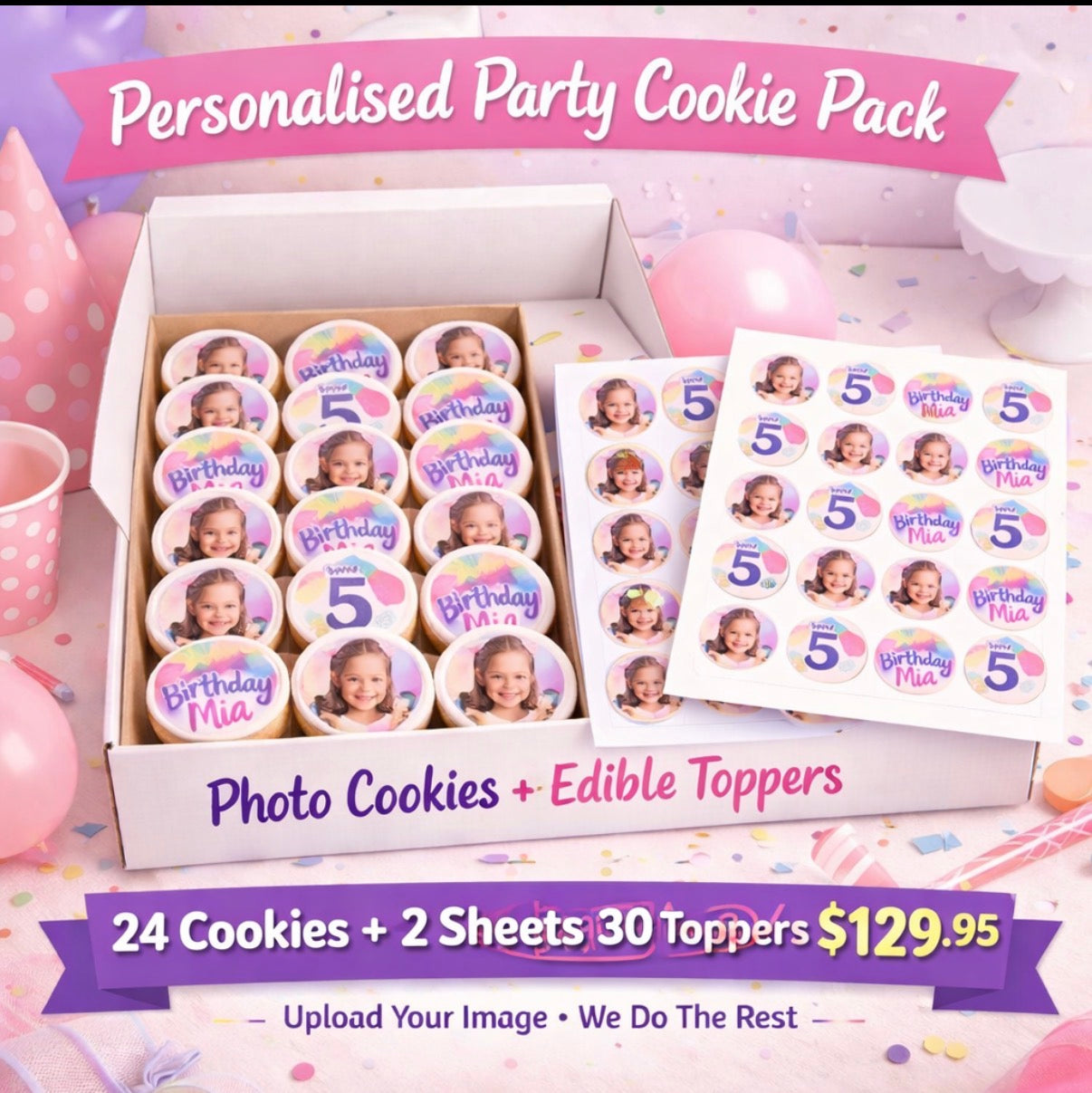 Personalised Party Cookie Pack – 24 Photo Cookies + 30 Edible Images