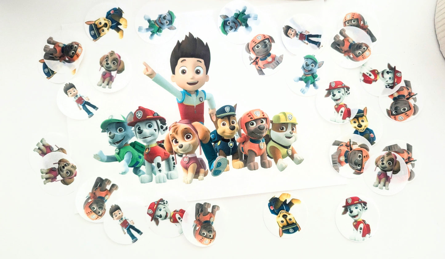 Paw patrol party package includes 40 toppers and a cake topper
